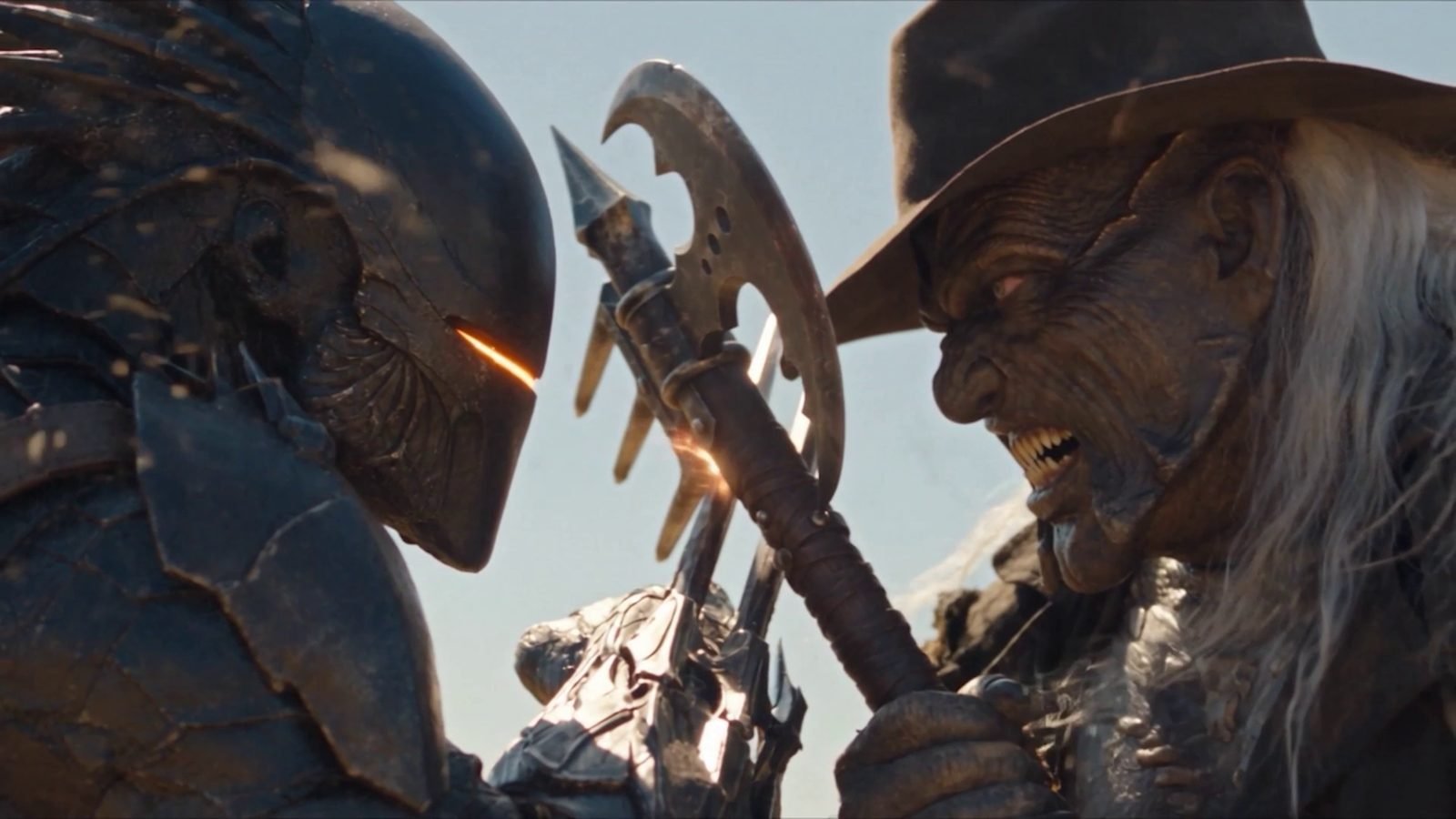 Two creatures locked in an axe fight